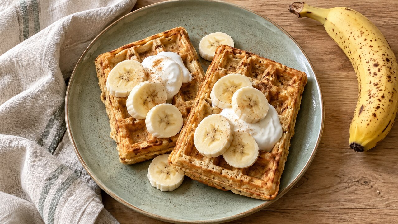 Goudbruine bananenwafels met plakjes banaan en naturel yoghurt op een ontbijttafel