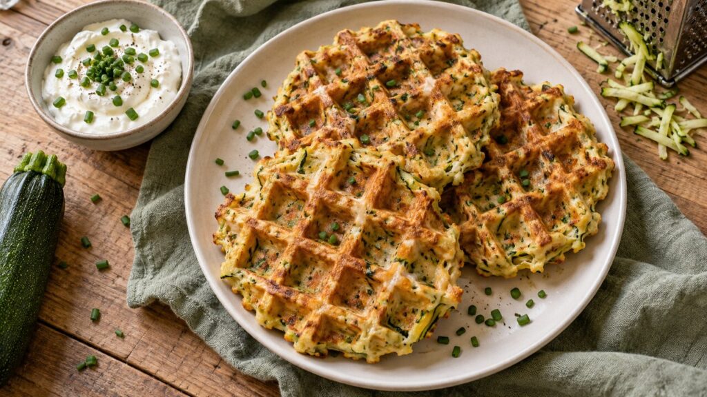 Hartige courgettewafels met zichtbare groene courgettespikkels en bieslook op een licht bord