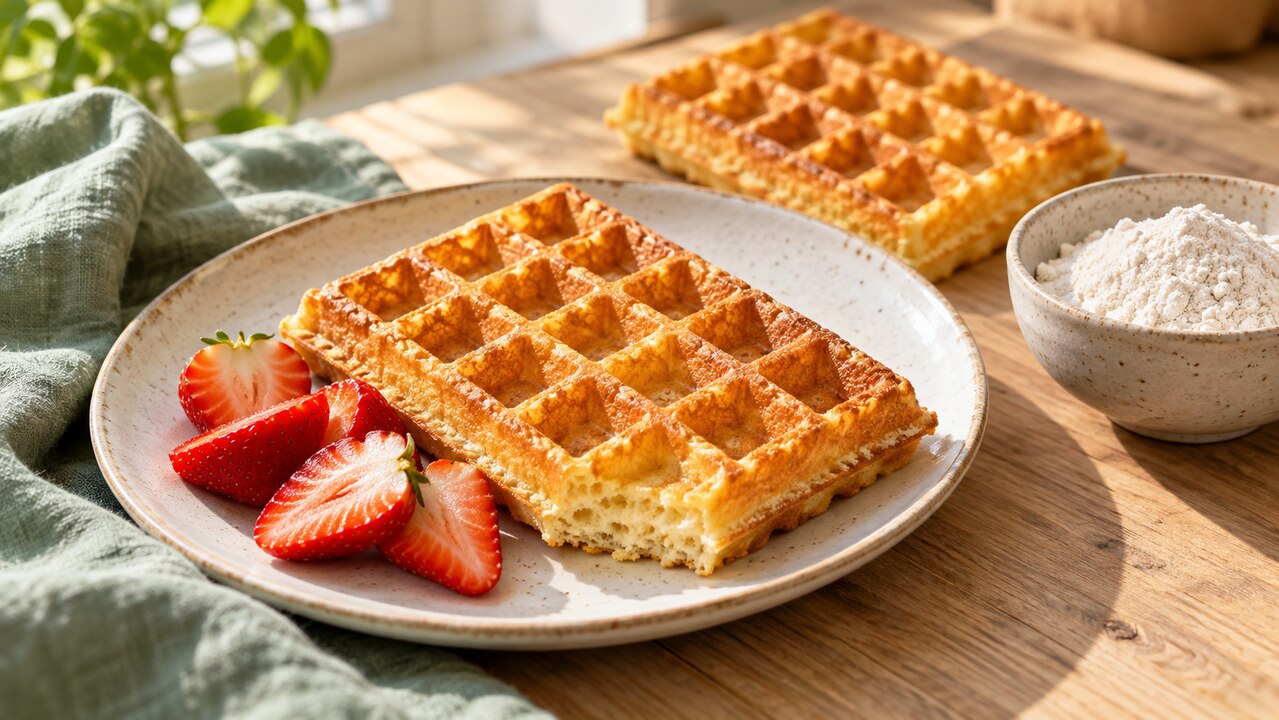 Glutenvrije wafels op een bord met verse aardbeien en een kom glutenvrije meelmix