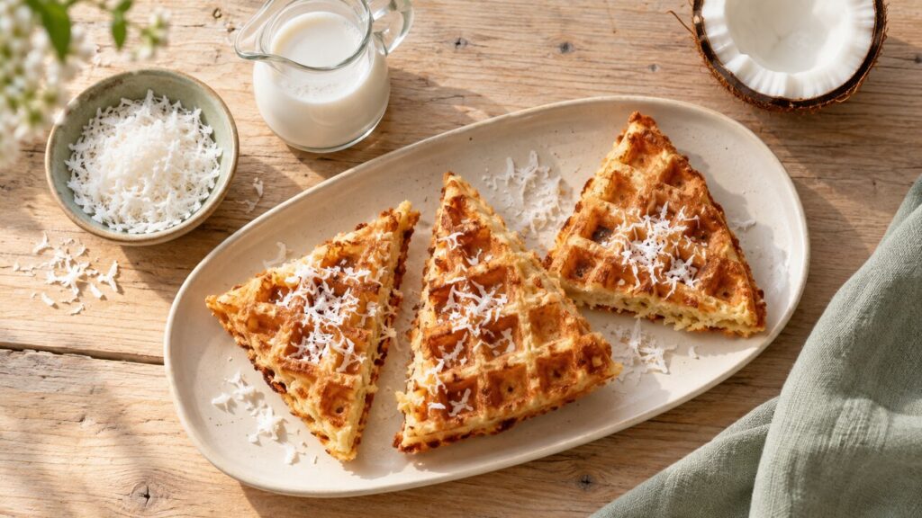 Kokoswafels op een bord met fijne kokosrasp en kokosmelk