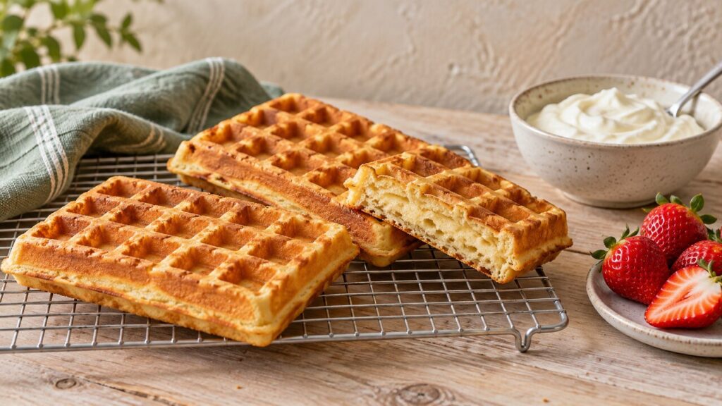 Zachte kwarkwafels op een afkoelrooster naast verse aardbeien en een kom naturel kwark