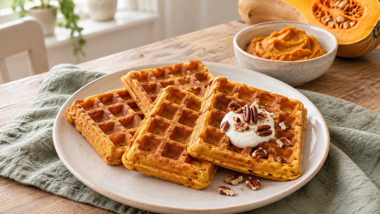 Pompoenwafels met een schaaltje pompoenpuree en pompoenstukken