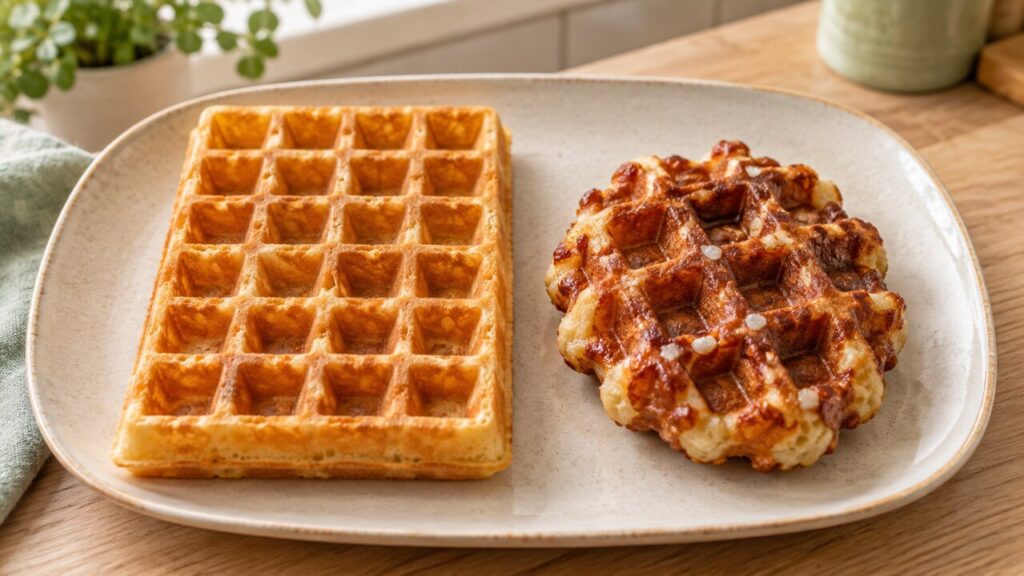 Brusselse wafel met rechte hoeken naast een afgeronde Luikse suikerwafel