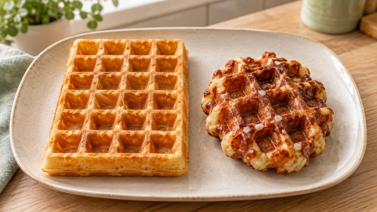 Brusselse wafel met rechte hoeken naast een afgeronde Luikse suikerwafel