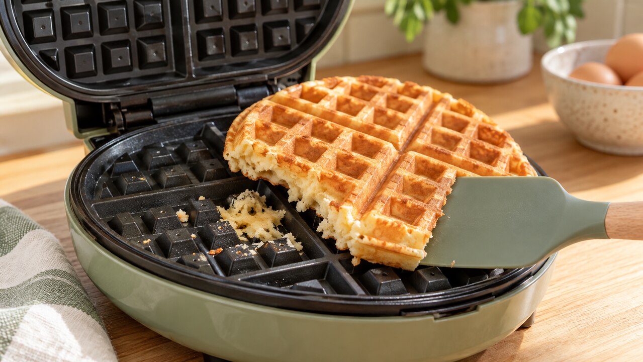 Open wafelijzer met een deels vastzittende wafel en beslagkom ernaast