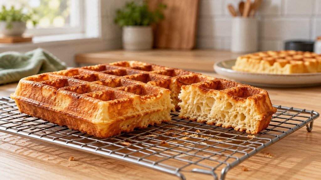 Goudbruine wafels in een enkele laag op een afkoelrooster