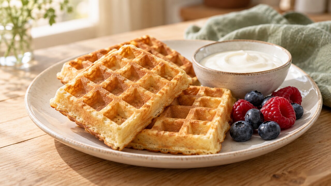 Lichtgouden wafels zonder suikerlaag met naturel yoghurt en enkele verse bessen ernaast