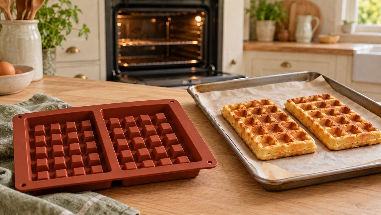 Siliconen wafelvorm met gebakken ovenwafels op een bakplaat