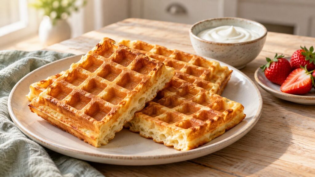 Yoghurtwafels op een bord met een schaaltje naturel yoghurt